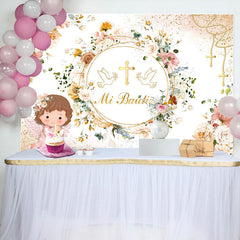 Lofaris Mi Bautizo Circle Flowers Girl Baptism Backdrop