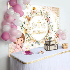 Lofaris Mi Bautizo Circle Flowers Girl Baptism Backdrop