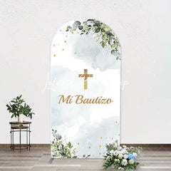 Lofaris Mi Bautizo Gold Cross Leaves Arch Baptism Backdrop