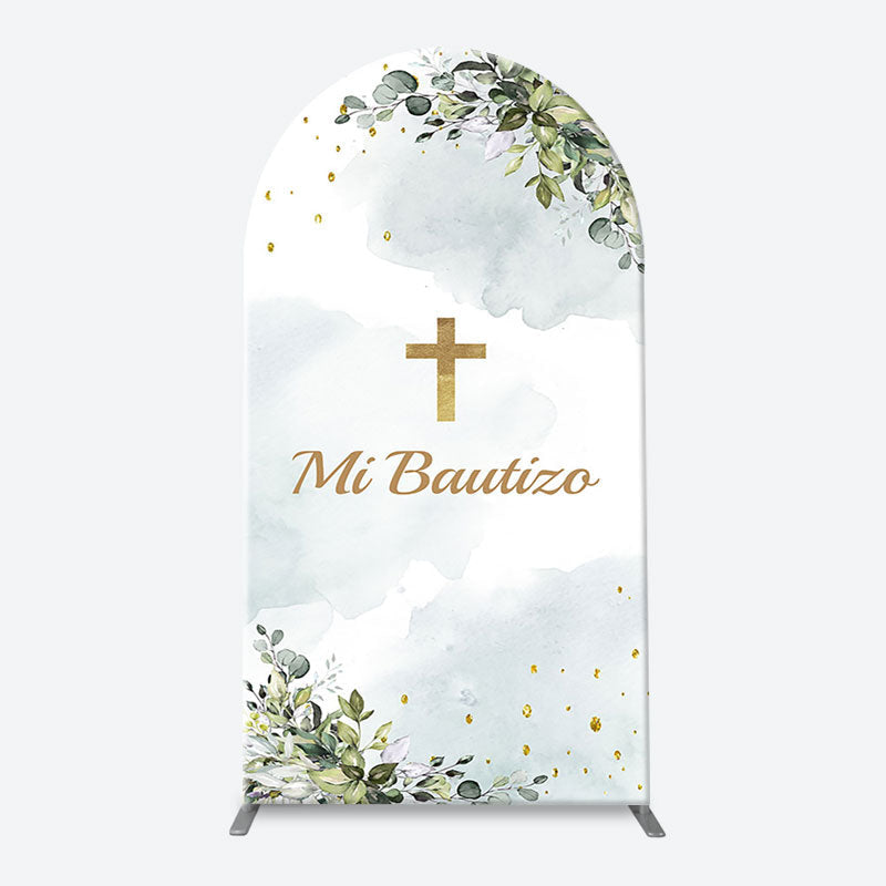 Lofaris Mi Bautizo Gold Cross Leaves Arch Baptism Backdrop