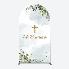 Lofaris Mi Bautizo Gold Cross Leaves Arch Baptism Backdrop