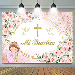 Lofaris Mi Bautizo Pink Flowers Angle Pigeon Baptism Backdrop