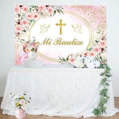 Lofaris Mi Bautizo Pink Flowers Angle Pigeon Baptism Backdrop