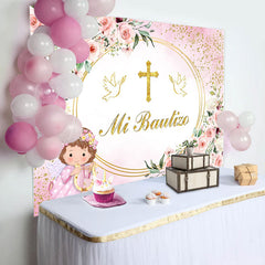 Lofaris Mi Bautizo Pink Flowers Angle Pigeon Baptism Backdrop