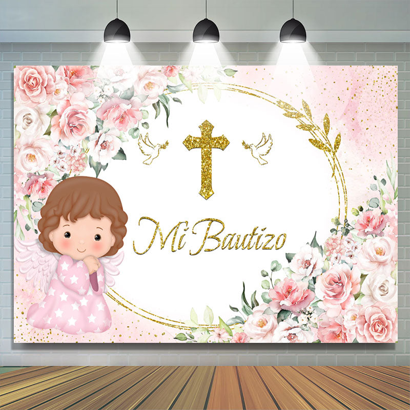 Lofaris Mi Bautizo Pink Flowers Baby Girl Baptism Backdrop