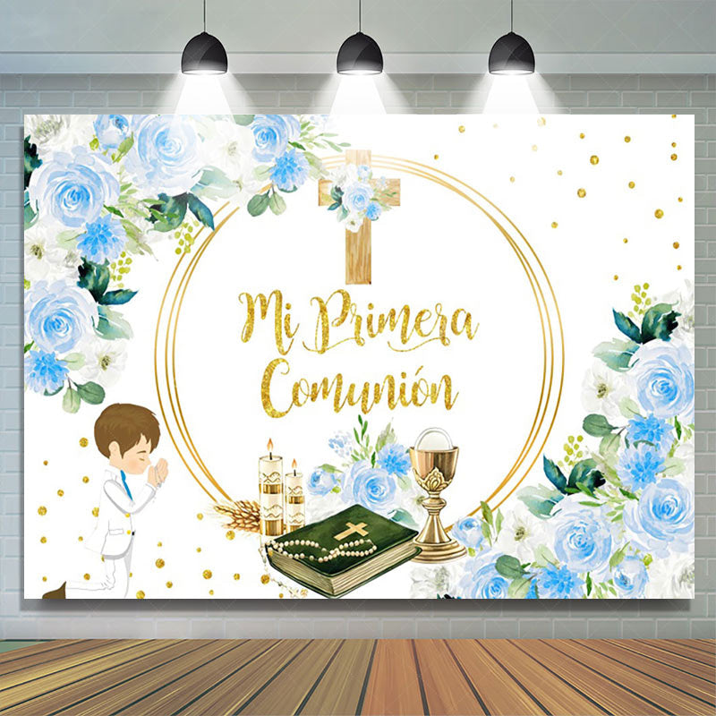 Lofaris Mi Primera Comunion Cross Flowers Baptism Backdrop