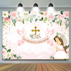 Lofaris Mi Primera Comunion Floral Pink Girl Baptism Backdrop