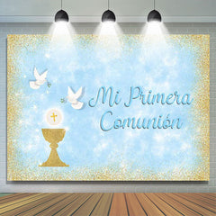 Lofaris Mi Primera Comunion Gold Glitter Blue Baptism Backdrop