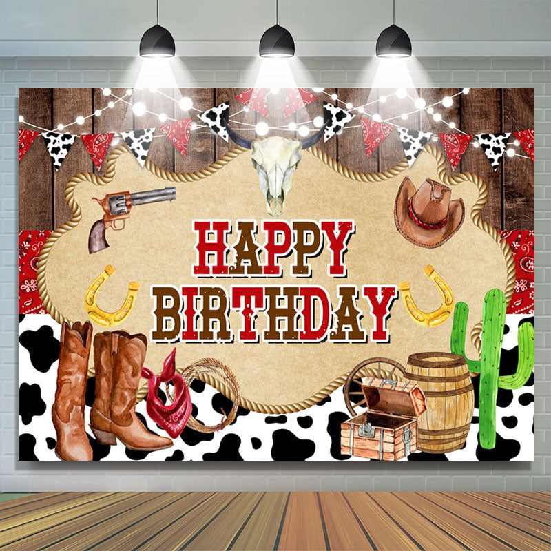 Lofaris Milch Cow Brown Boots Wood Happy Birthday Backdrop