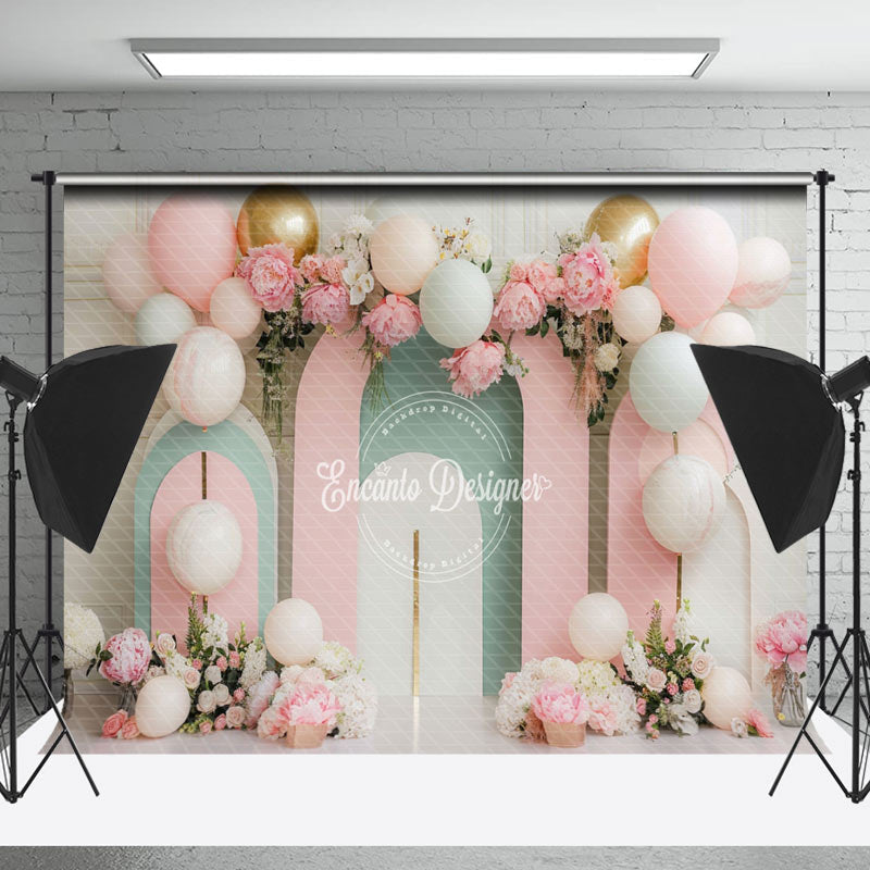 Lofaris Modern Pink Green Arch Balloons Cake Smash Backdrop