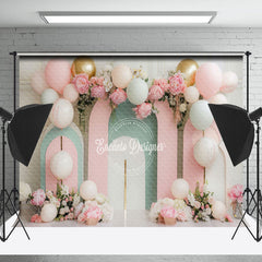 Lofaris Modern Pink Green Arch Balloons Cake Smash Backdrop