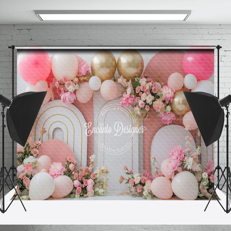 Lofaris Modern White Pink Arch Balloons Cake Smash Backdrop