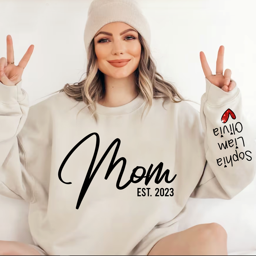 Lofaris Glitter Mom Est Sweatshirt And Kids Name On Sleeve Minimalist Cool Sweater Personalized Mother Day Gift For LTP01