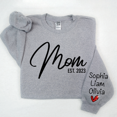 Lofaris Glitter Mom Est Sweatshirt And Kids Name On Sleeve Minimalist Cool Sweater Personalized Mother Day Gift For LTP01