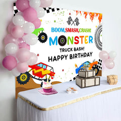 Lofaris Monster Colorful Trucks Birthday Backdrop For Boys