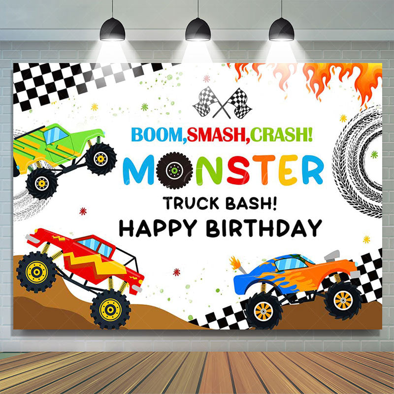 Lofaris Monster Colorful Trucks Birthday Backdrop For Boys