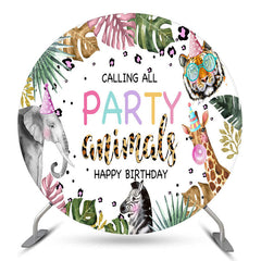 Lofaris Monstera Animals Circle Happy Birthday Backdrop