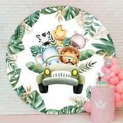 Lofaris Monstera Green Truck Animals Round Birthday Backdrop