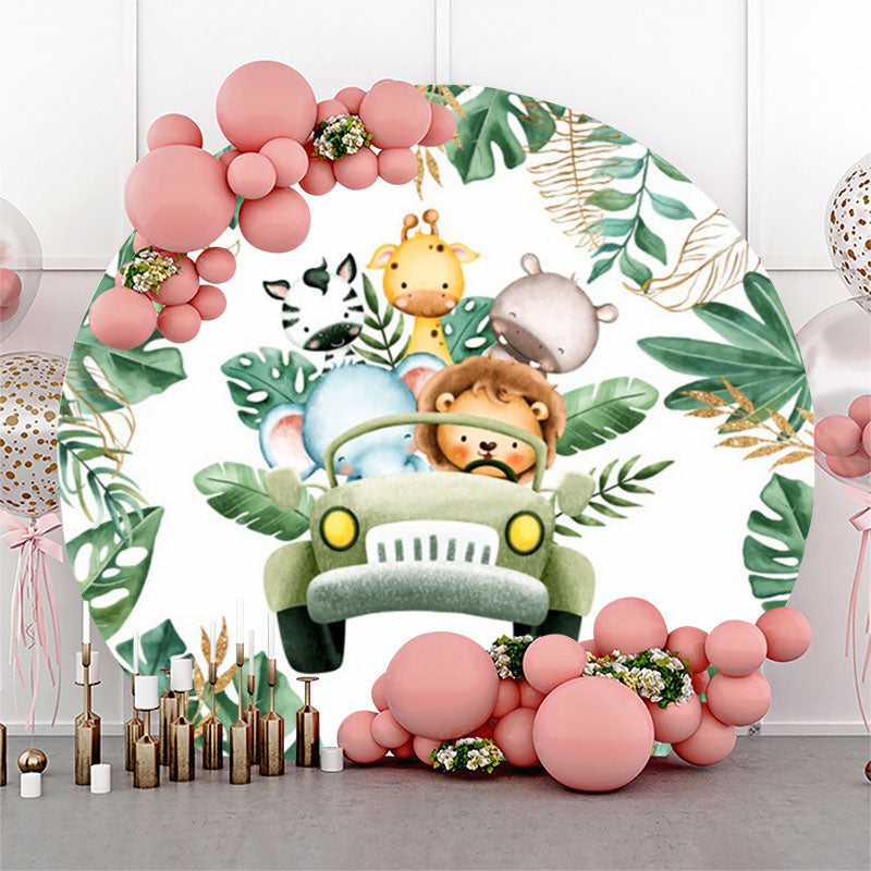 Lofaris Monstera Green Truck Animals Round Birthday Backdrop