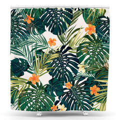 Lofaris Monstera Leaves Orange Flower Jungle Shower Curtain