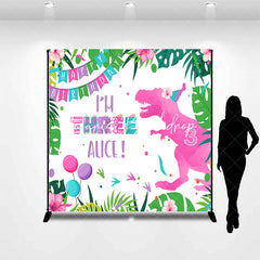 Lofaris Monstera Pink Dinosaur Custom Name Birthday Backdrop