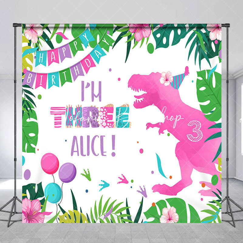 Lofaris Monstera Pink Dinosaur Custom Name Birthday Backdrop