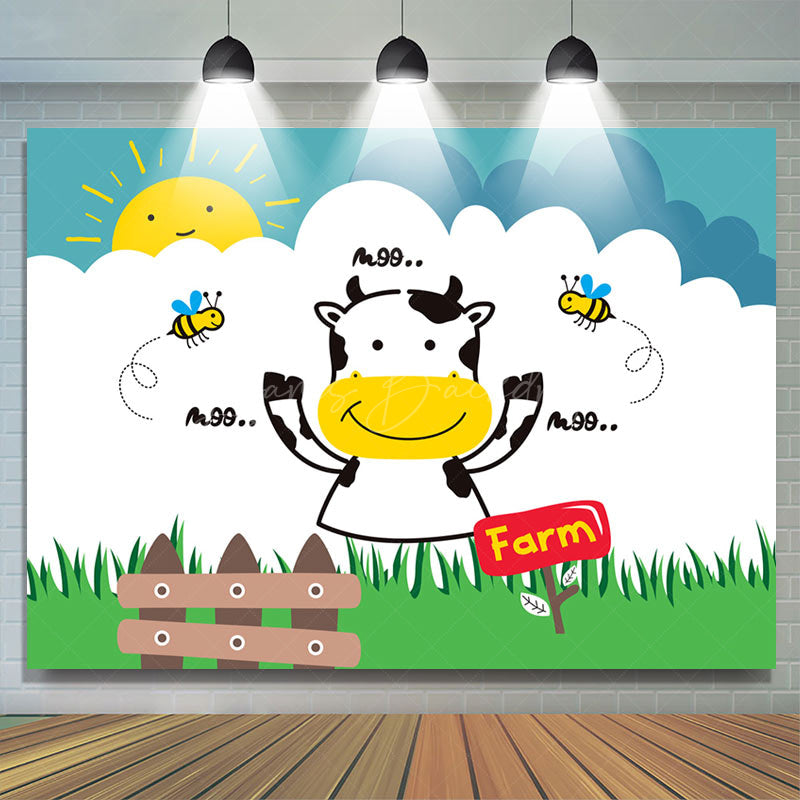 Lofaris Moo Cow Bees Lence Grass Sun Farm Birthday Backdrop