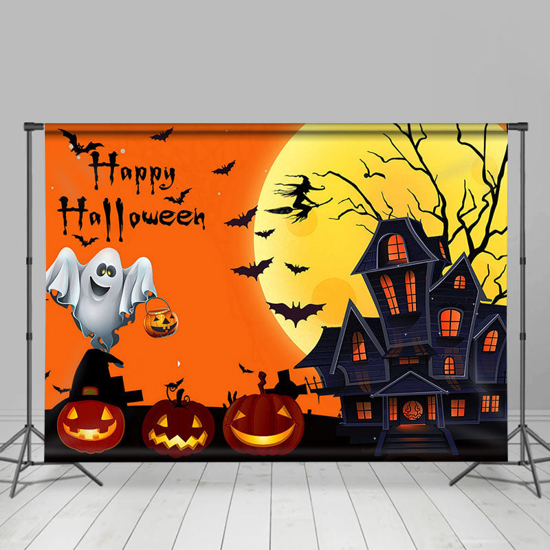 Moon Black Castle Orange Pumpkin Halloween Backdrop - Lofaris