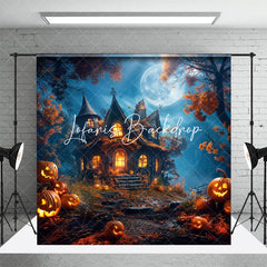 Lofaris Moon Night Castle Trees Pumpkins Halloween Backdrop