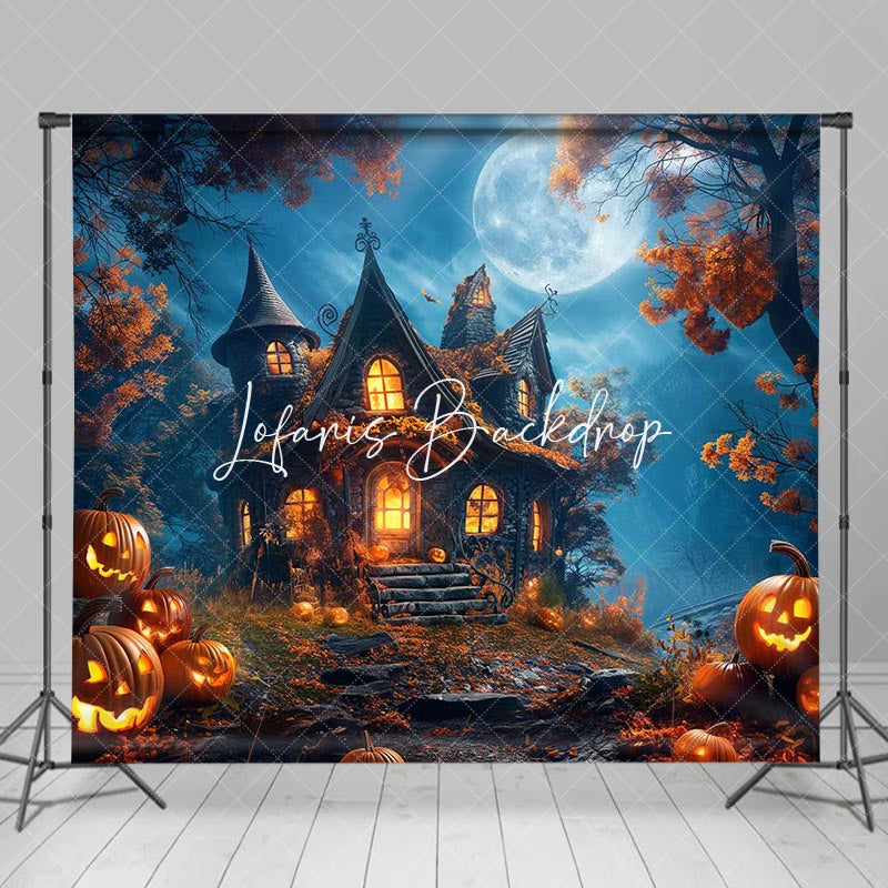 Lofaris Moon Night Castle Trees Pumpkins Halloween Backdrop