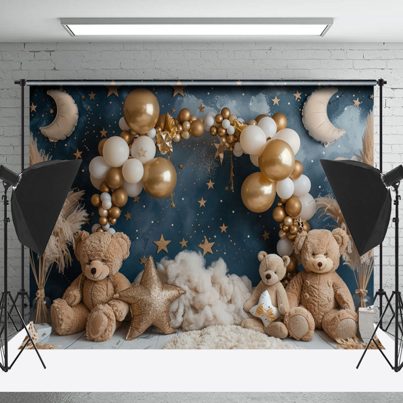 Lofaris Moon Night Stars Balloons Bear Cake Smash Backdrop