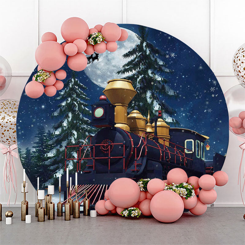 Lofaris Moon Train Pine Tree Christmas Night Round Backdrop