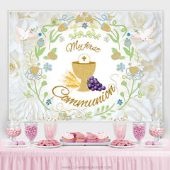 Lofaris My First Communion Doves White Floral Baptism Backdrop