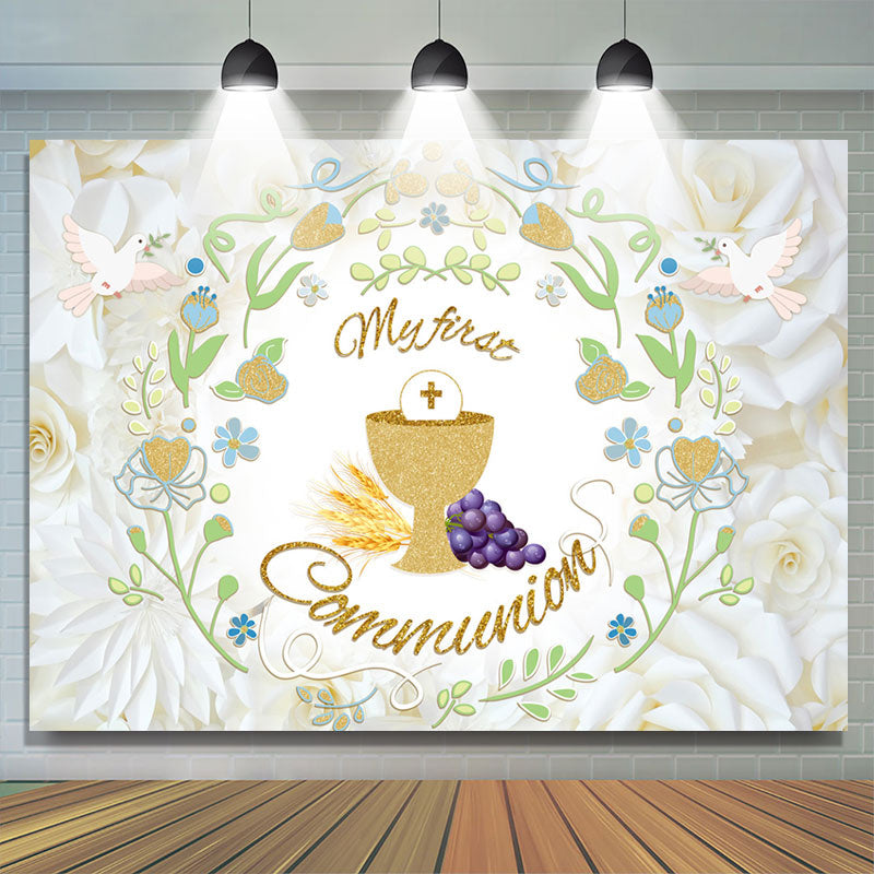 Lofaris My First Communion Doves White Floral Baptism Backdrop