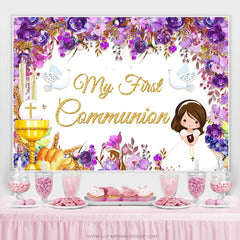 Lofaris My First Communion Purple Floral Girl Baptism Backdrop