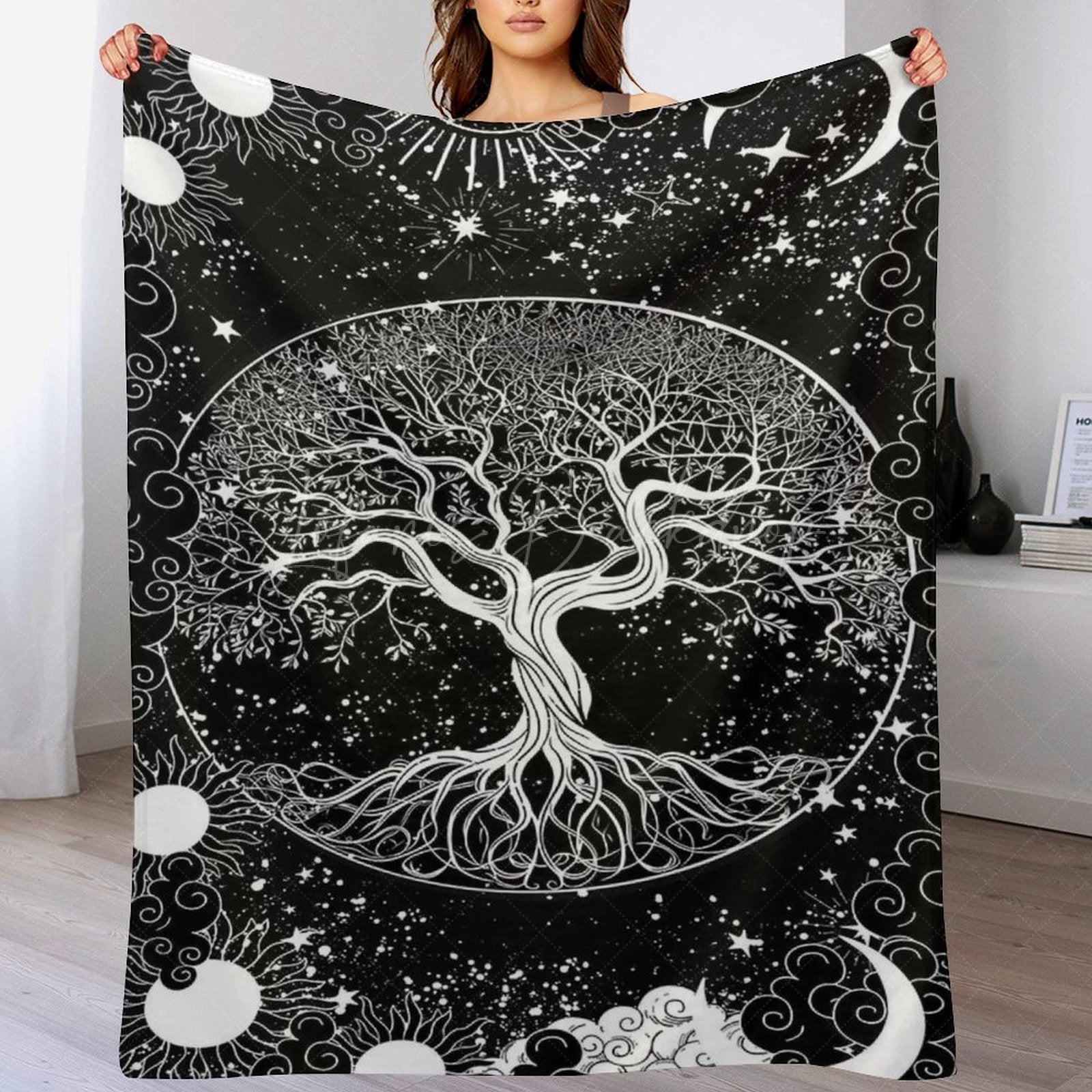 Lofaris Mysterious Black White Sun Viking Tree Custom Blanket