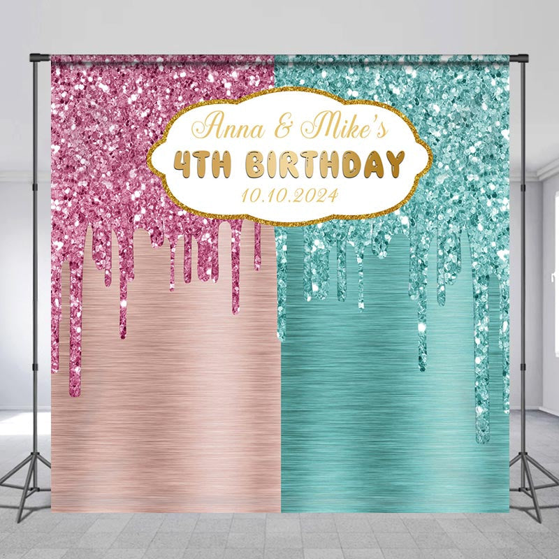 Lofaris Name Pink Cyan Glitter Custom 4th Birthday Backdrop