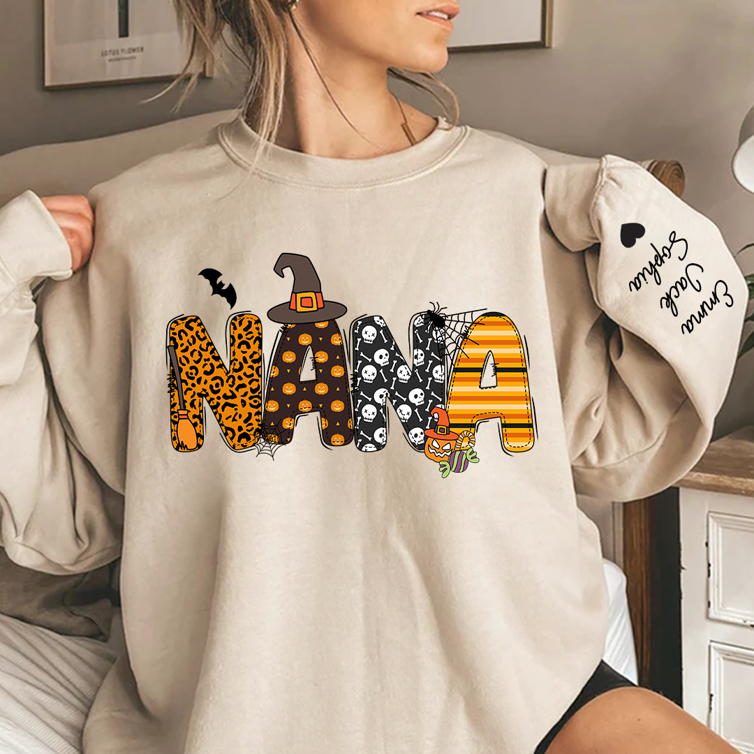 Lofaris Personalized Halloween Nana Pumpkin Doodle Letters Design And Grandkids Sweatshirt