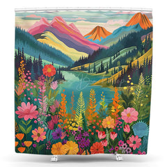 Lofaris Natural Floral Mountain Lake Birthday Shower Curtain