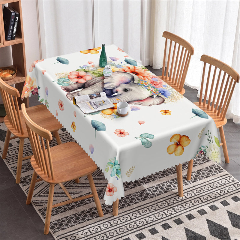 Lofaris Natural Flowers Elephant White Kitchen Tablecloth