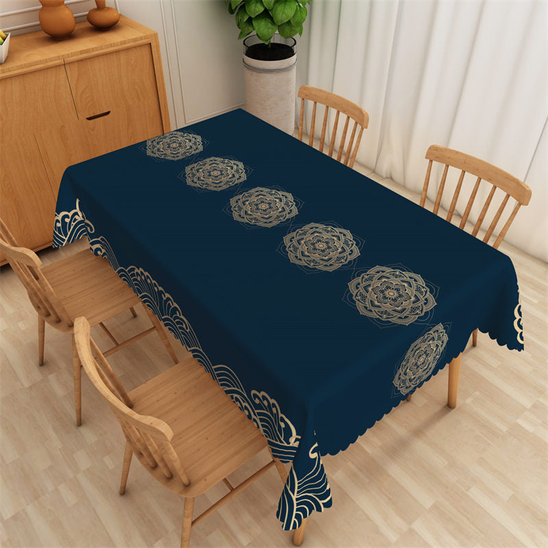 Lofaris Navy Blue Blooming Flowers Pattern Fringe Tablecloth