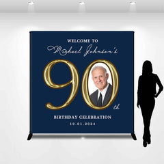 Lofaris Navy Blue Personalized Photo 90th Birthday Backdrop