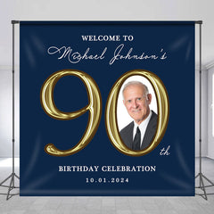 Lofaris Navy Blue Personalized Photo 90th Birthday Backdrop