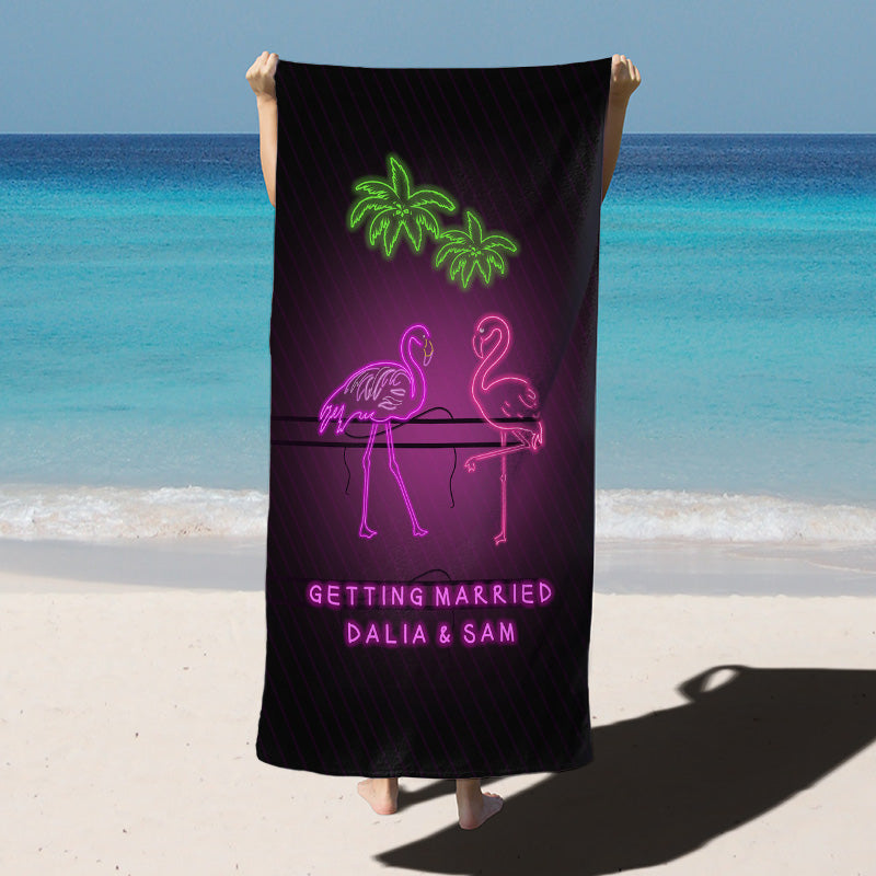 Lofaris Neon Flamingo Personalized Bachelorette Beach Towel