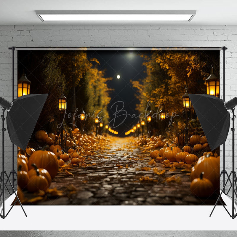 Lofaris Night Stone Path Pumpkin Light Autumn Photo Backdrop