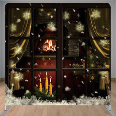 Lofaris Night Window Snowy Gold Curtain Winter Backdrop Cover