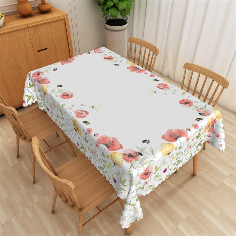 Lofaris Nist Poppy Flower Eucalyptus Leaves Bee Tablecloth