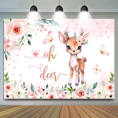 Lofaris Oh Deer Pink Floral Butterfly Baby Shower Backdrop