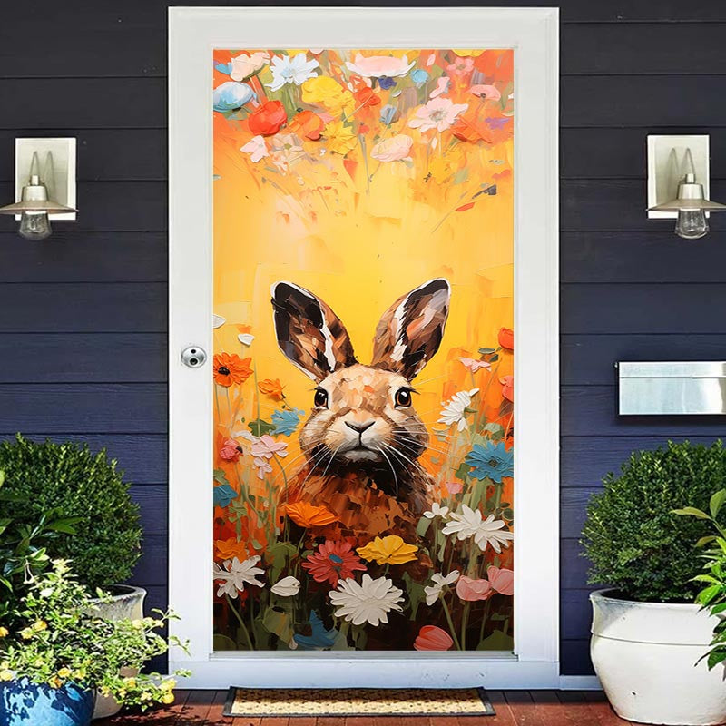 Lofaris Oil Painting Flower Rabbit Orange Easter Door Cover