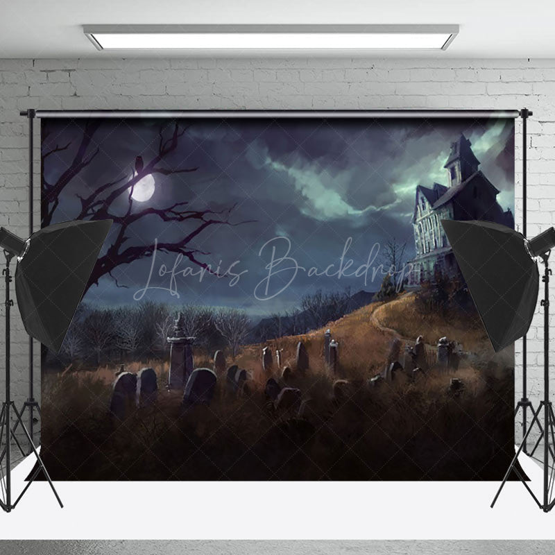 Lofaris Oil Painting Horror Village Cemetery Halloween Backdrop